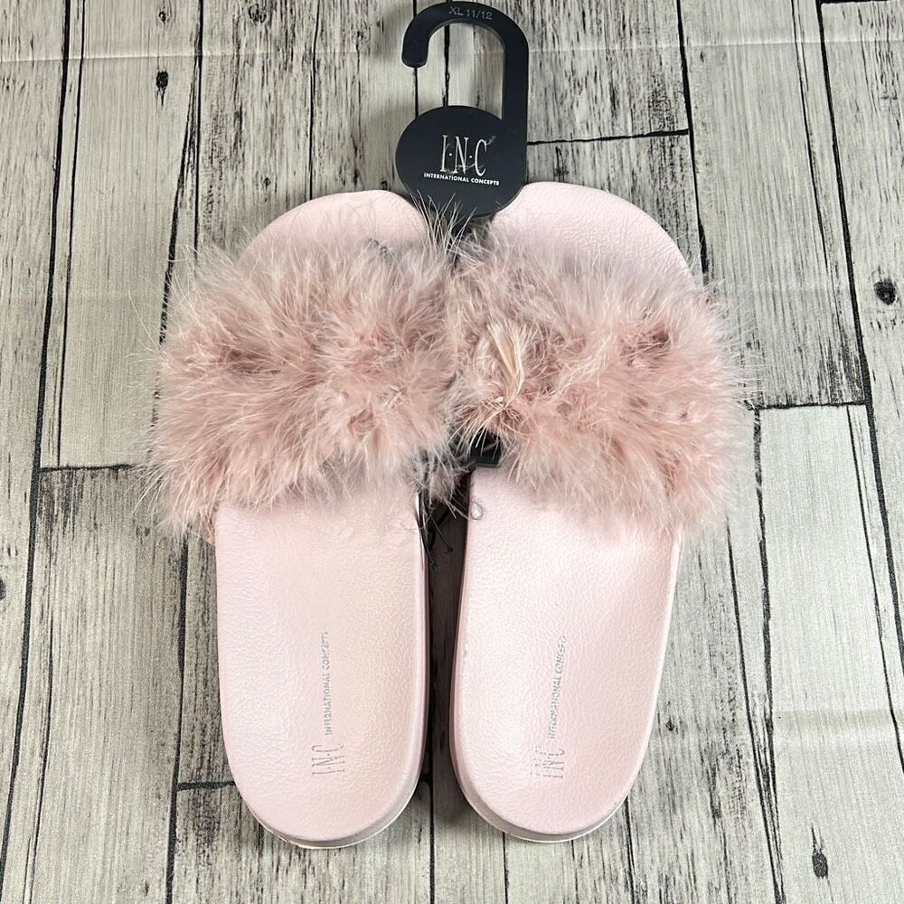 INC International Concept Women's Fur Slippers Slide Open Toe Pink XL 11/12